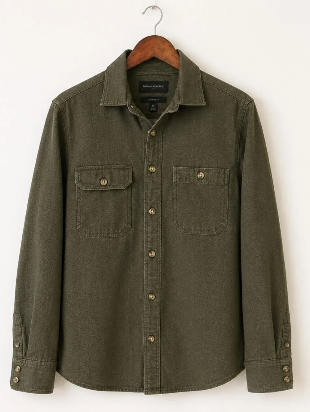 Banana Republic Men's Olive Green Herringbone Work Shirt Standard Fit M